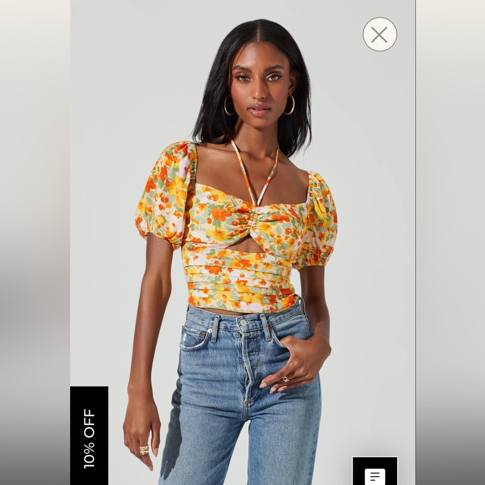 Astr the Label Tie Neck Floral Cut Out Puff size S